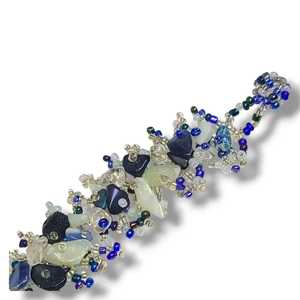 Blue & White Glass‎ Bead Woven Wide Cuff Wrap Bracelet 7